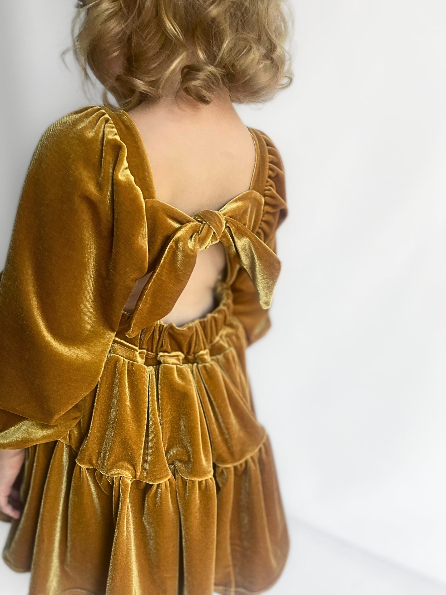 Velvet Gold Flutter and Bloom Dress with Balloon Sleeves