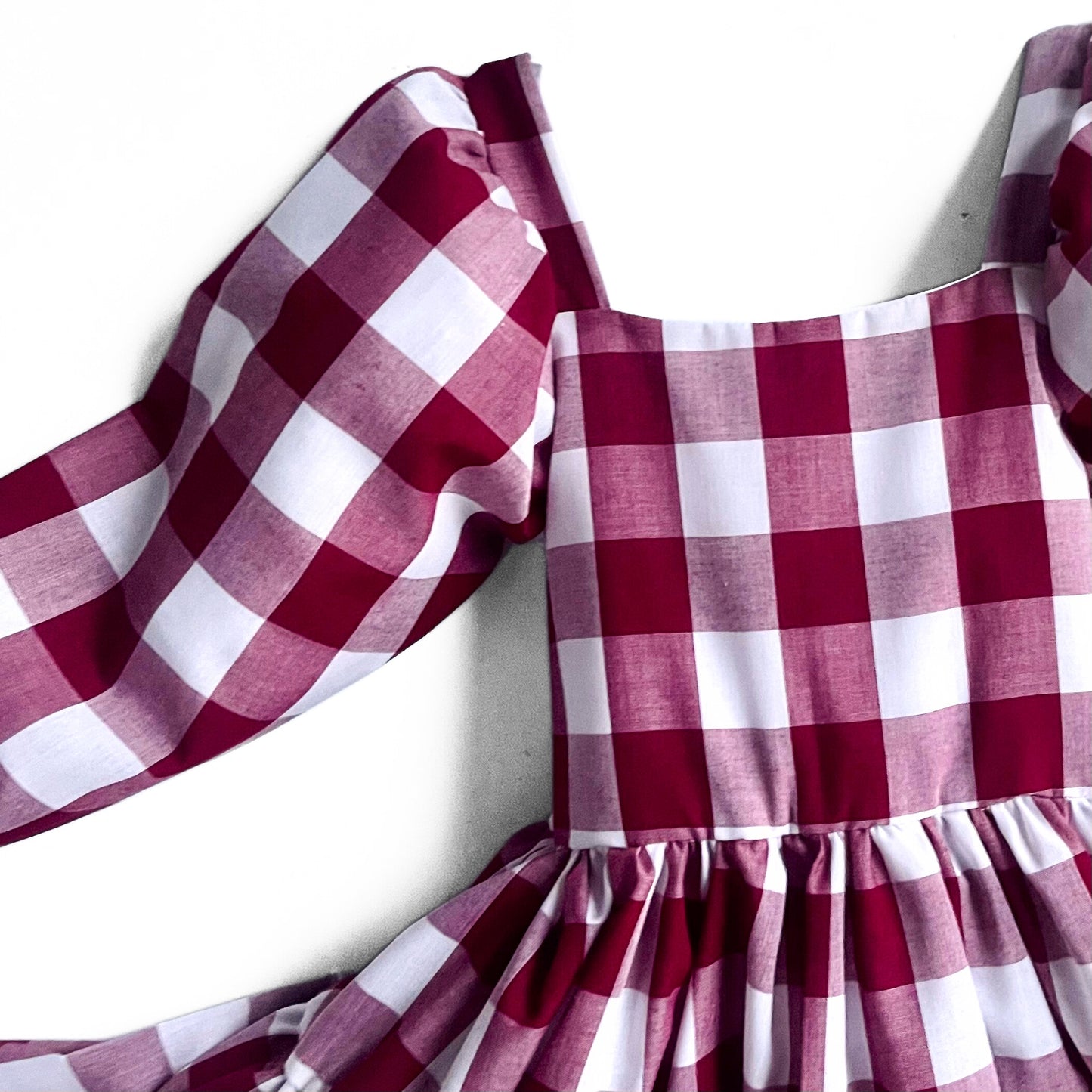 Berry Gingham Flutter and Bloom Dress with Balloon Sleeves