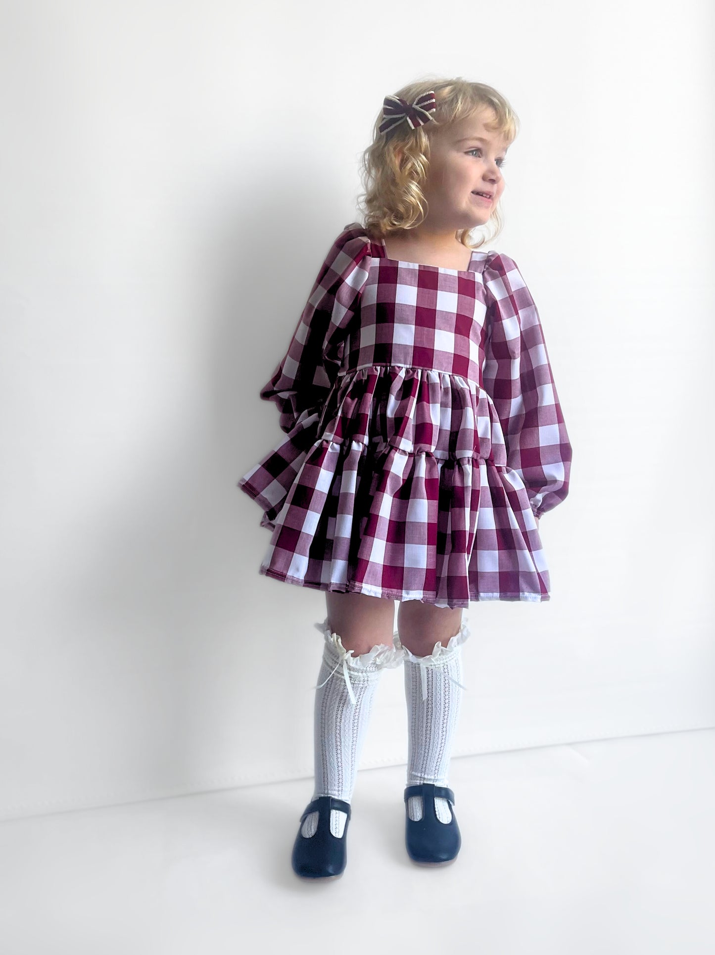 Berry Gingham Flutter and Bloom Dress with Balloon Sleeves
