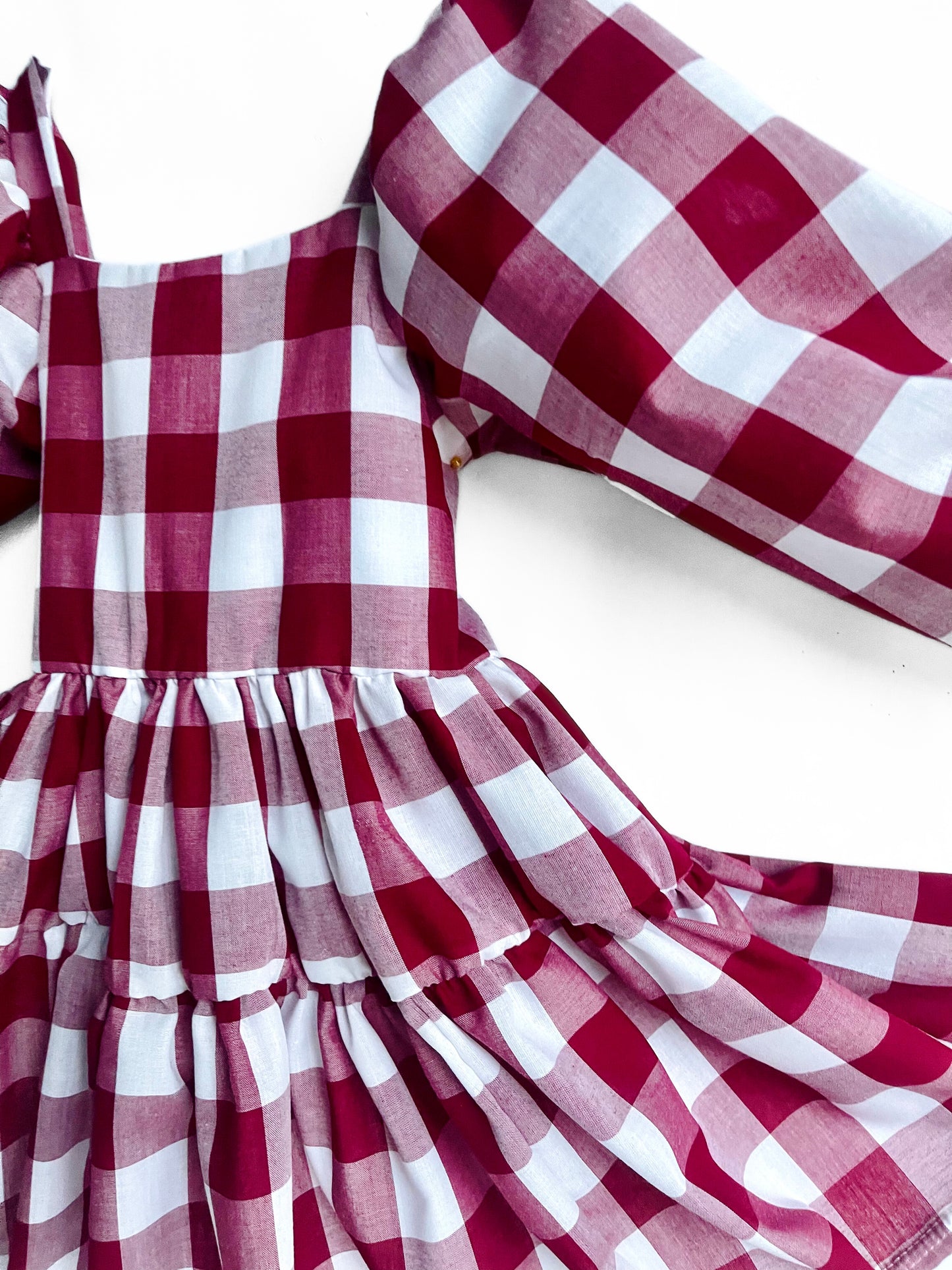 Berry Gingham Flutter and Bloom Dress with Balloon Sleeves