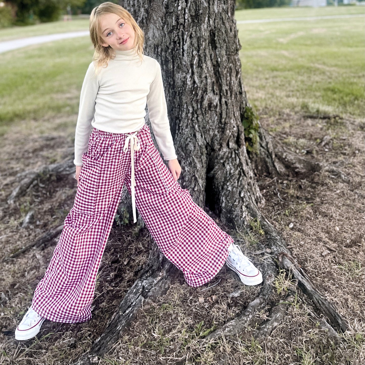 Berry Gingham Wide Leg Pocket Pants
