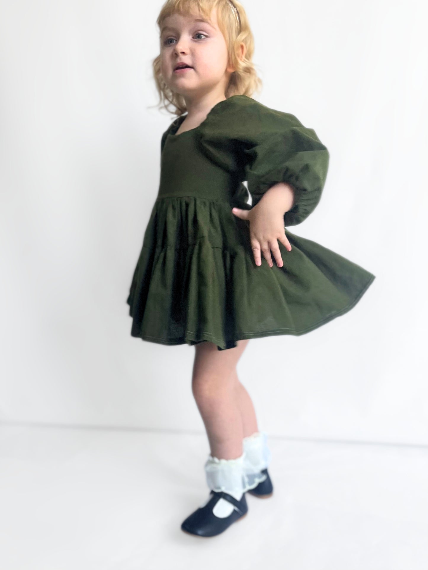 Olive Flutter and Bloom Dress with Balloon Sleeves