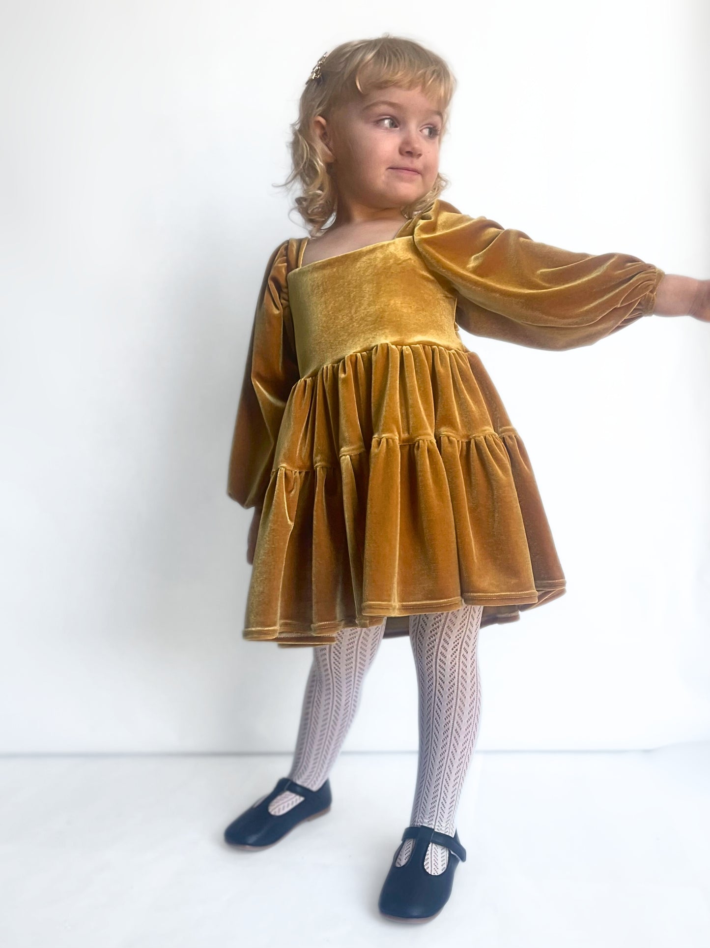 Velvet Gold Flutter and Bloom Dress with Balloon Sleeves