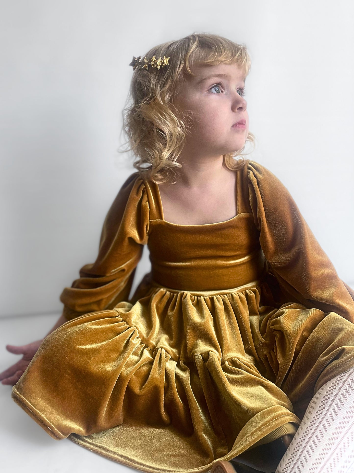 Velvet Gold Flutter and Bloom Dress with Balloon Sleeves