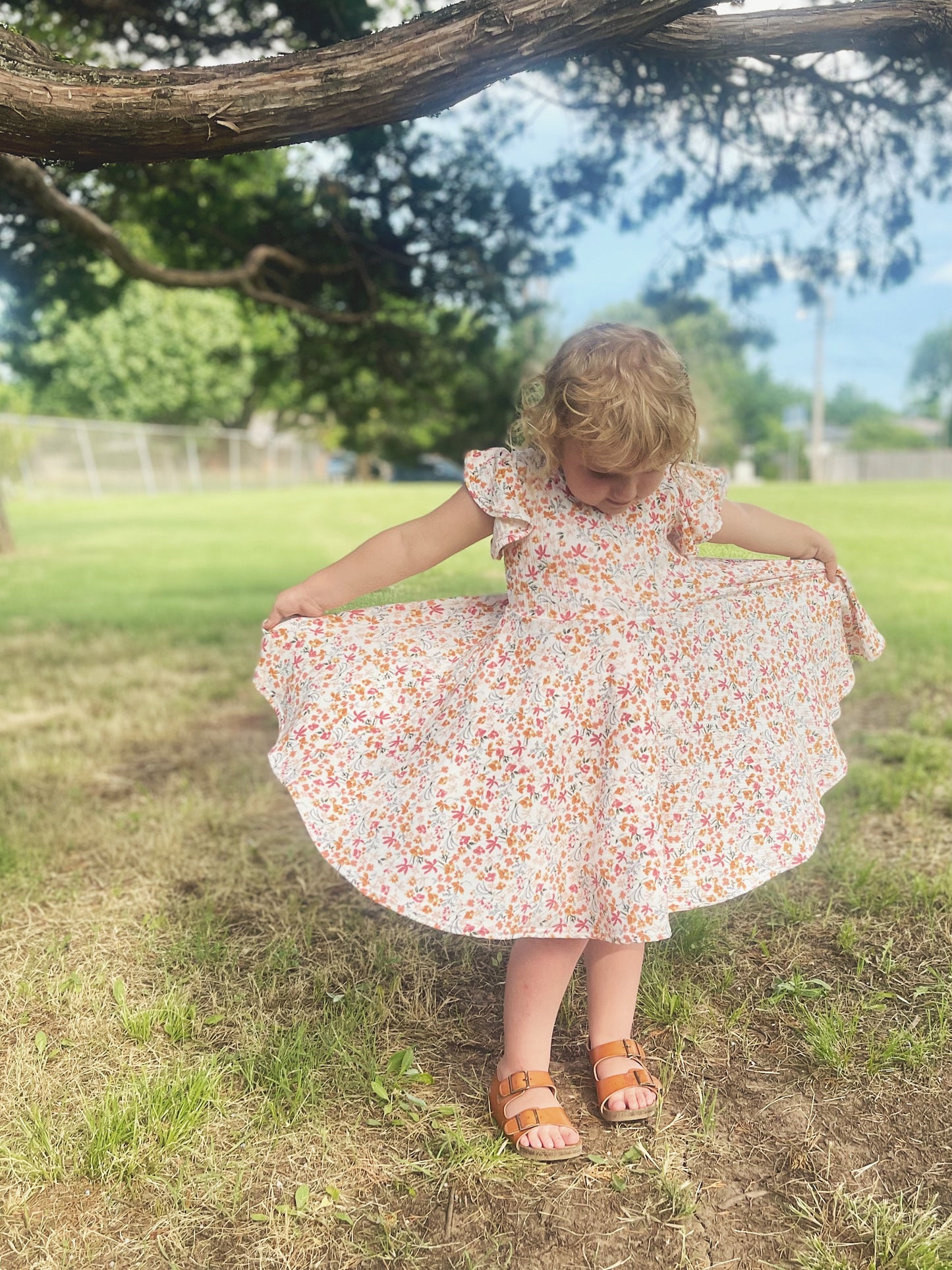 Watercolor Floral Rib Knit Twirly Dress with Flutter Sleeves