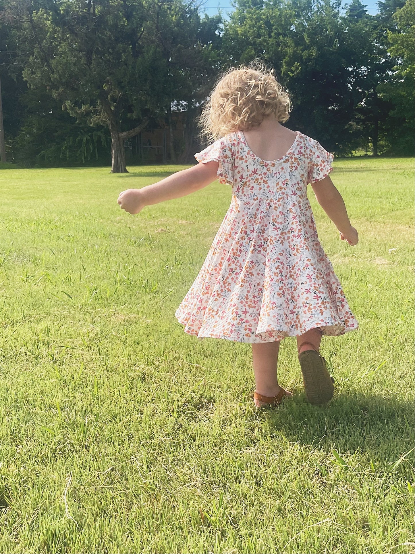 Watercolor Floral Rib Knit Twirly Dress with Flutter Sleeves