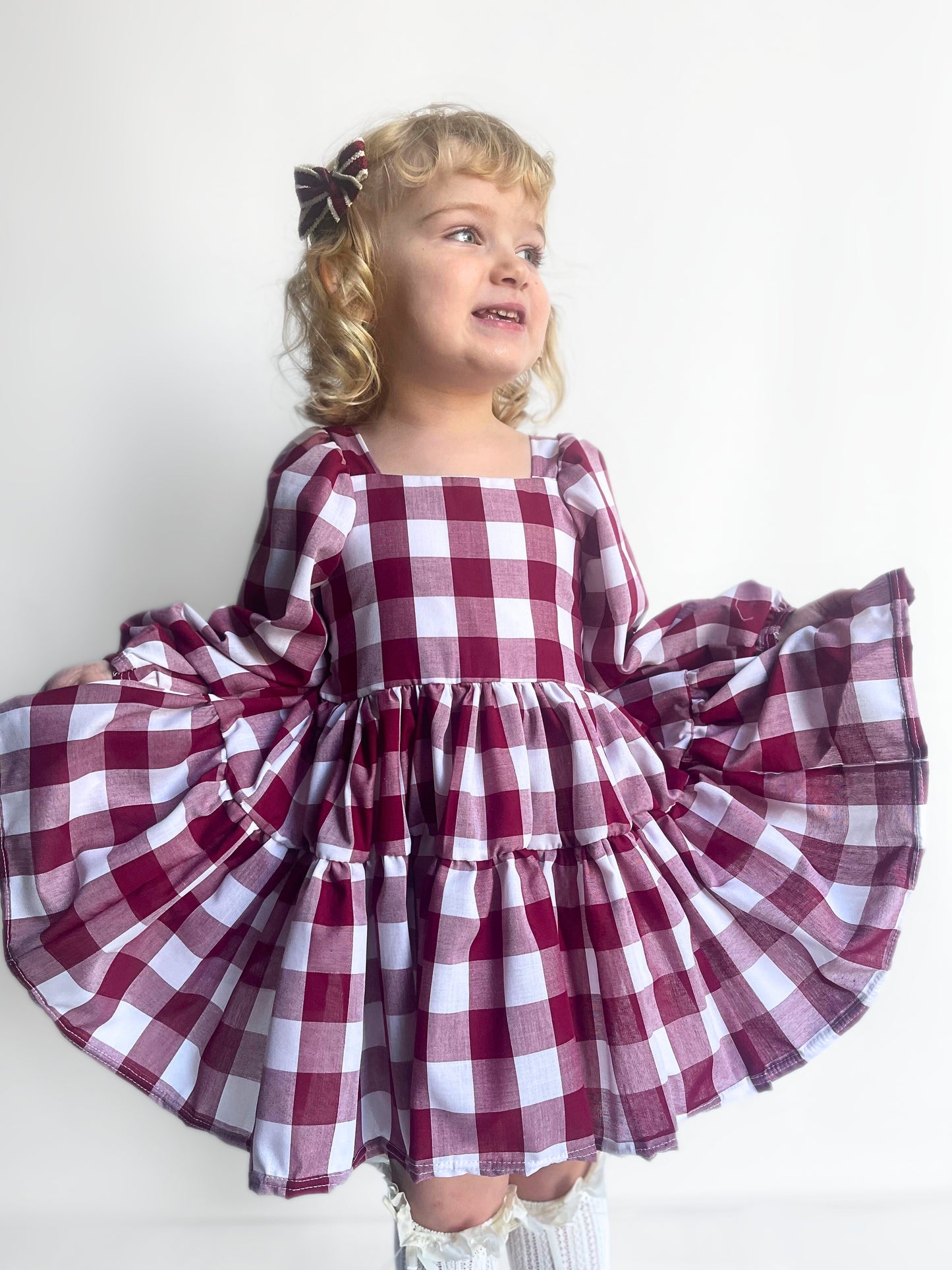 Berry Gingham Flutter and Bloom Dress with Balloon Sleeves