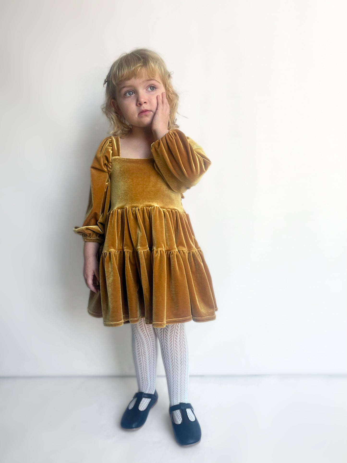 Velvet Gold Flutter and Bloom Dress with Balloon Sleeves