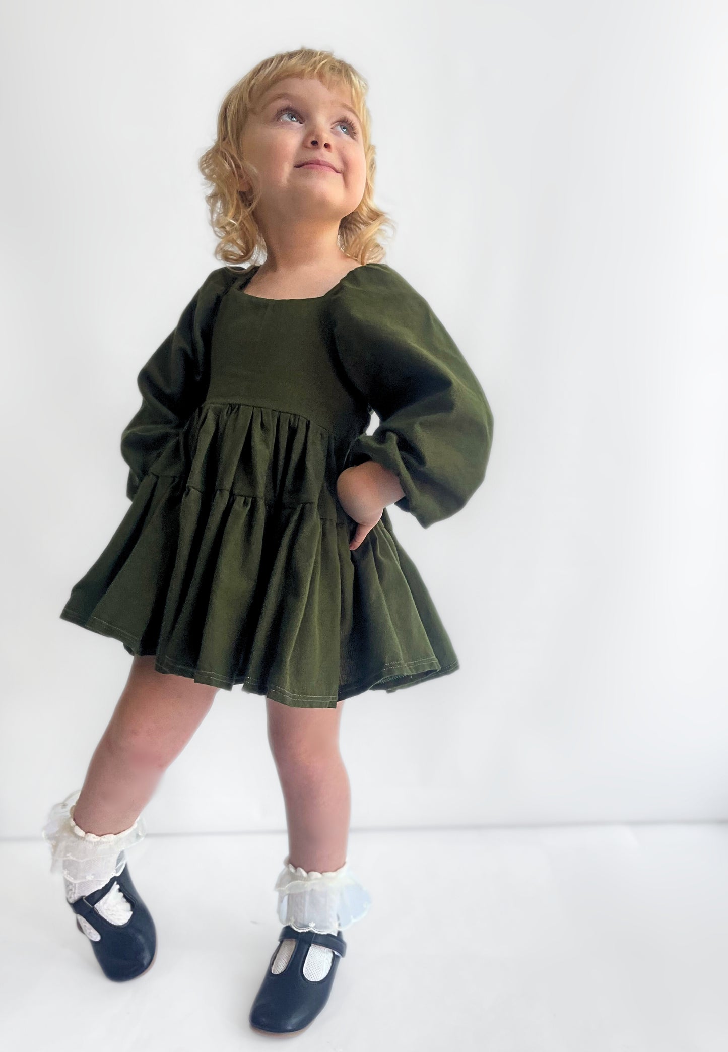 Olive Flutter and Bloom Dress with Balloon Sleeves