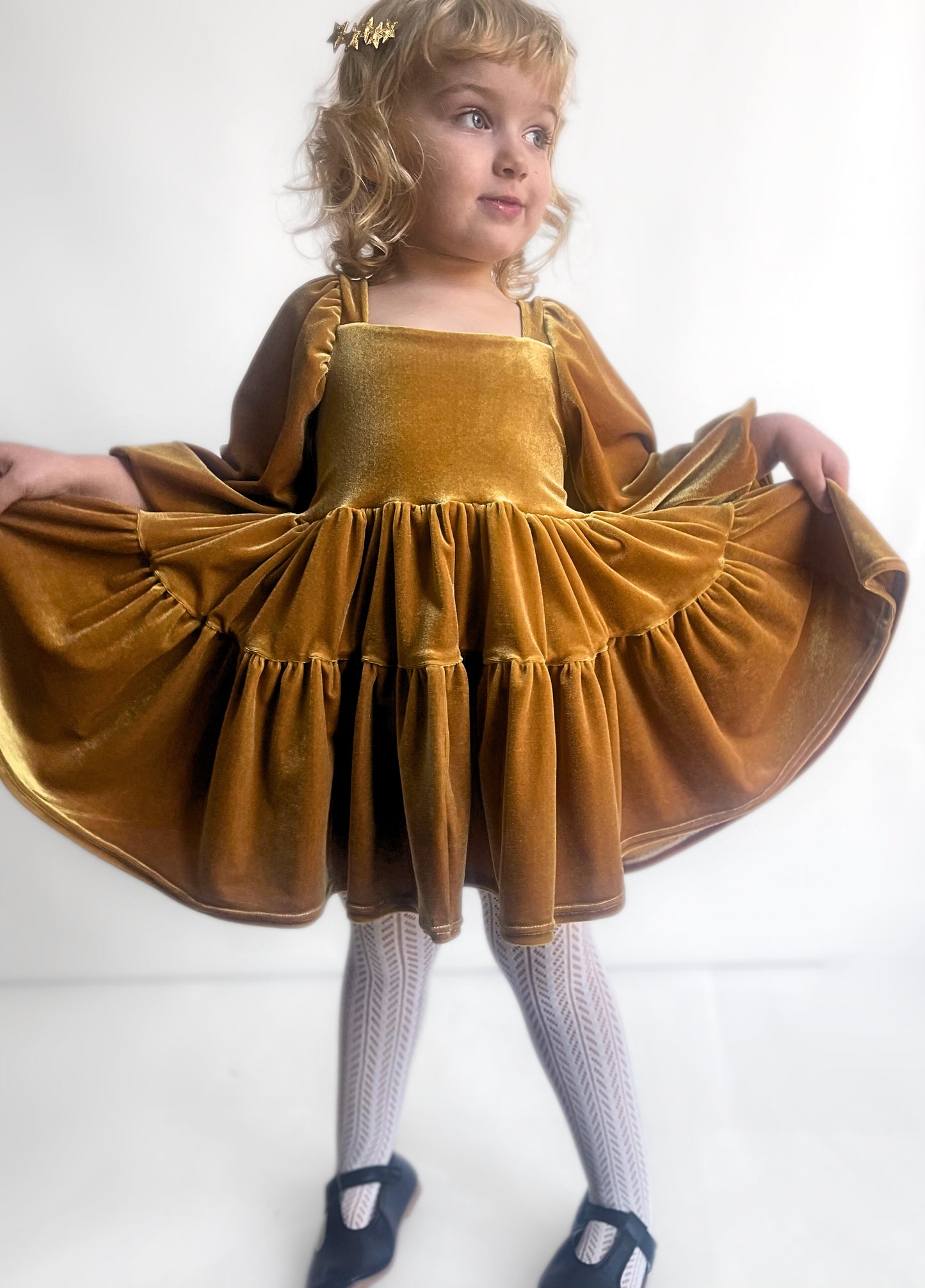 Velvet Gold Flutter and Bloom Dress with Balloon Sleeves
