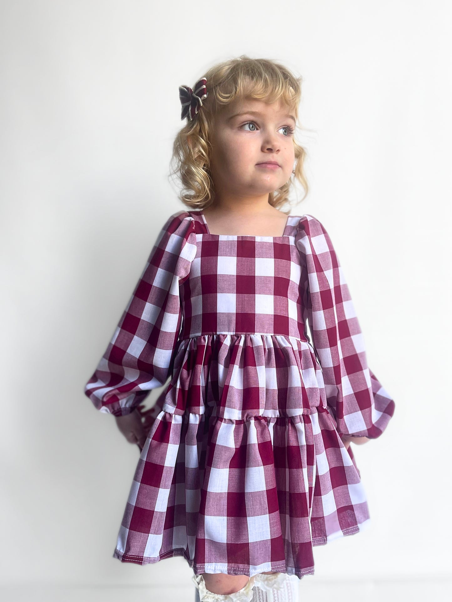 Berry Gingham Flutter and Bloom Dress with Balloon Sleeves