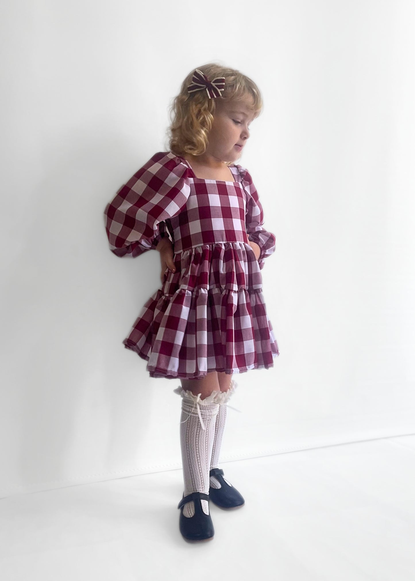 Berry Gingham Flutter and Bloom Dress with Balloon Sleeves