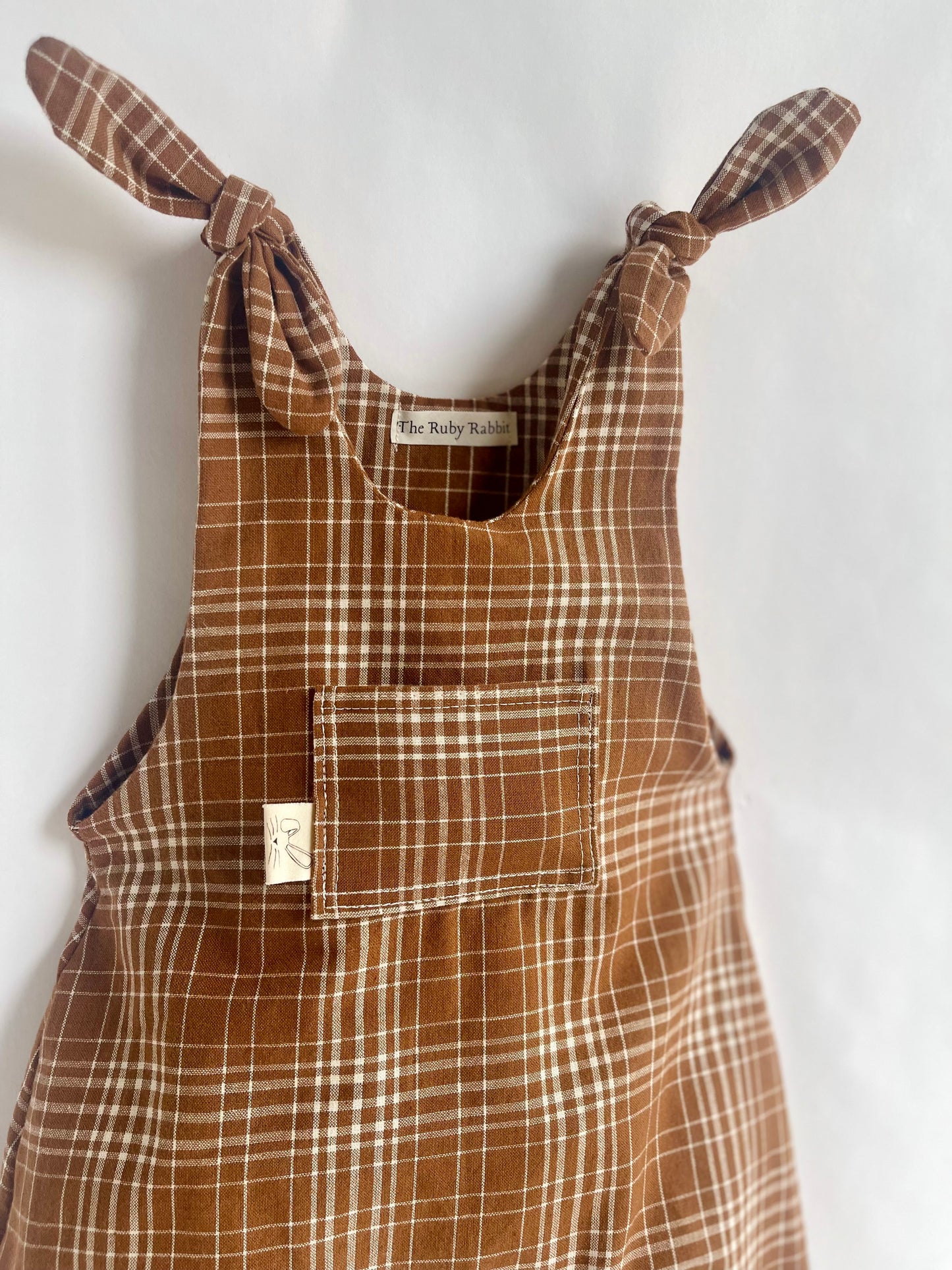 Brown Plaid Shoulder Tie Jumpsuit