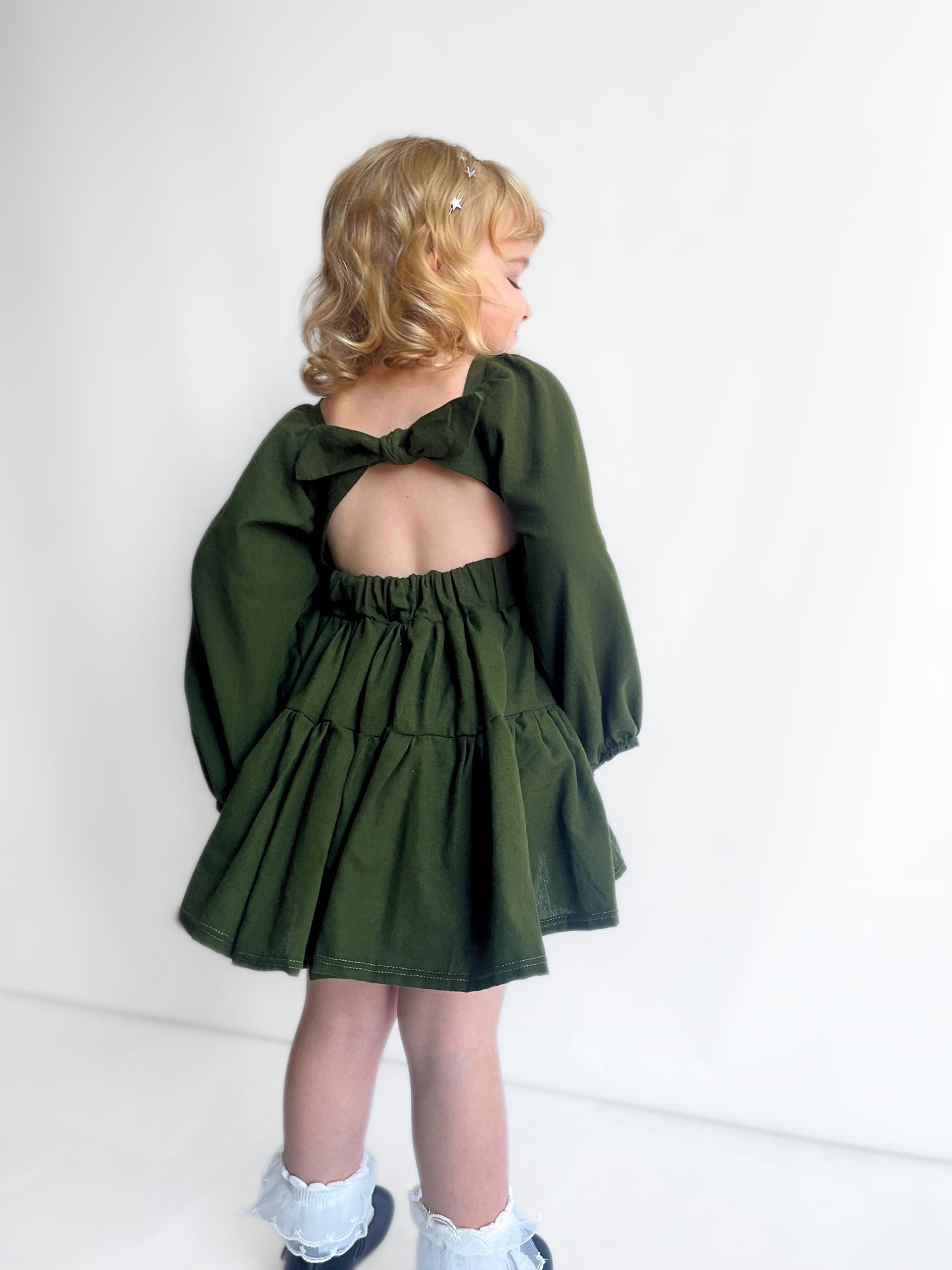 Olive Flutter and Bloom Dress with Balloon Sleeves