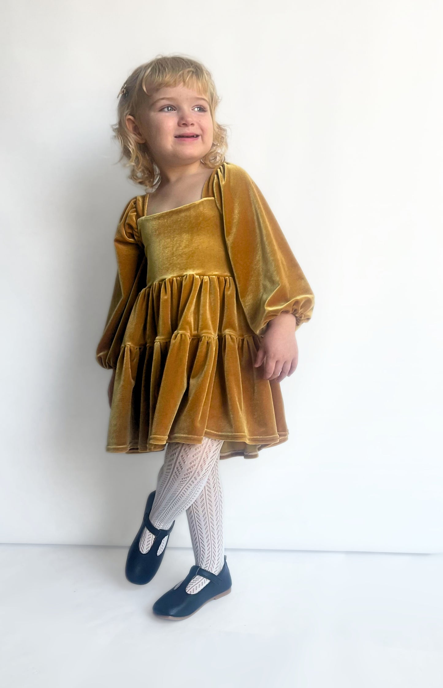 Velvet Gold Flutter and Bloom Dress with Balloon Sleeves