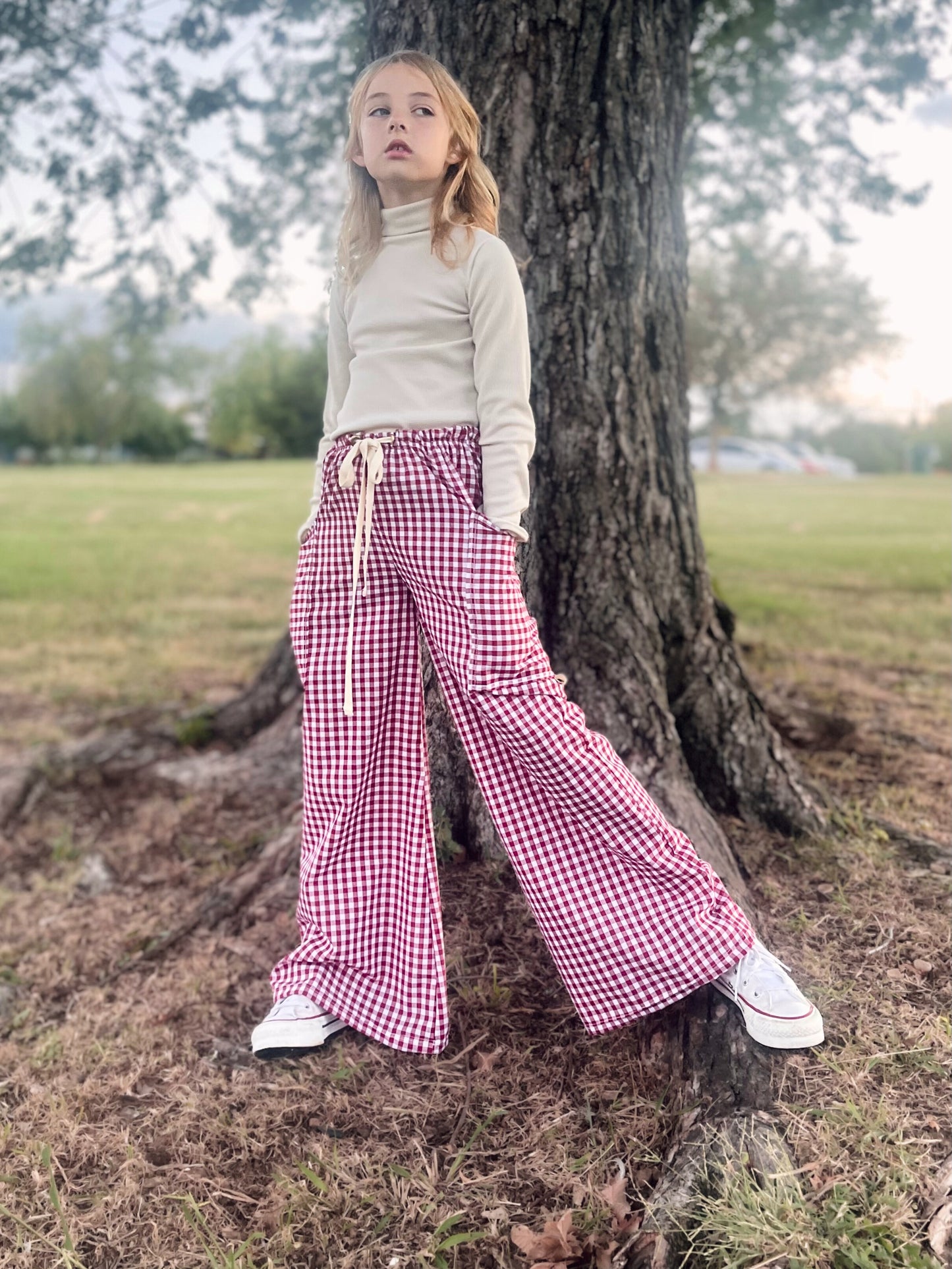 Berry Gingham Wide Leg Pocket Pants