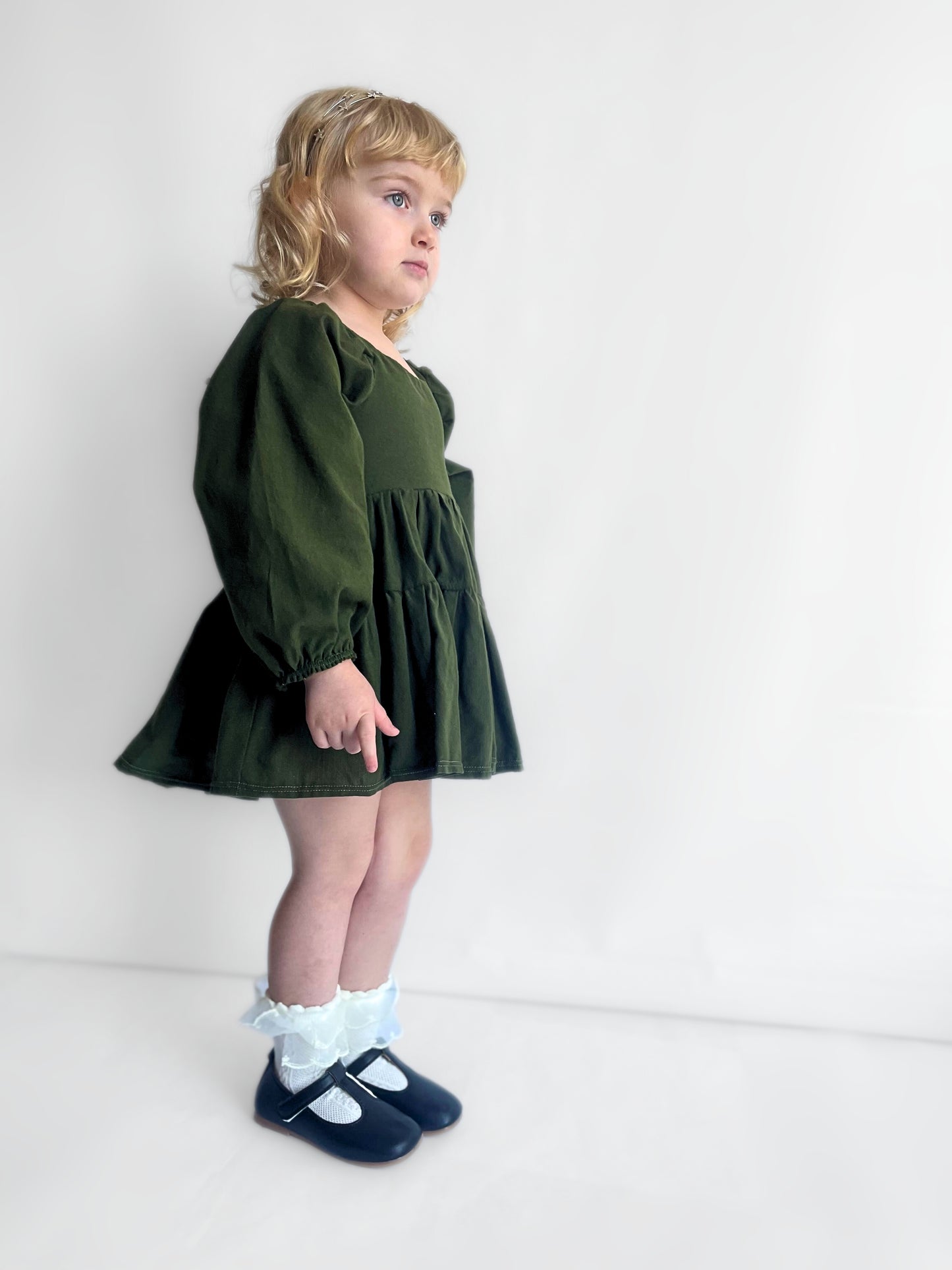 Olive Flutter and Bloom Dress with Balloon Sleeves
