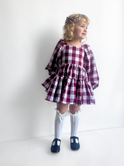 Berry Gingham Flutter and Bloom Dress with Balloon Sleeves