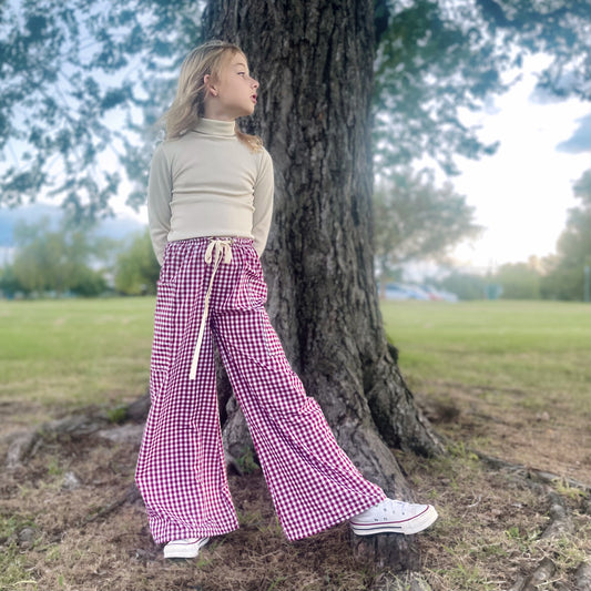 Berry Gingham Wide Leg Pocket Pants