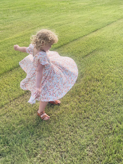 Watercolor Floral Rib Knit Twirly Dress with Flutter Sleeves