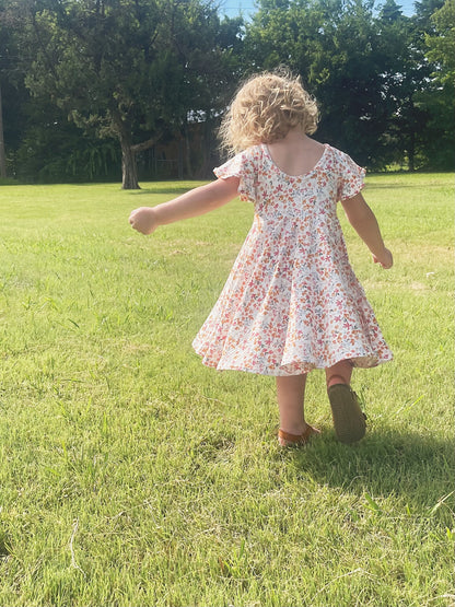 Watercolor Floral Rib Knit Twirly Dress with Flutter Sleeves
