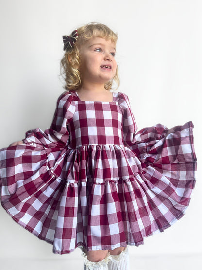 Berry Gingham Flutter and Bloom Dress with Balloon Sleeves