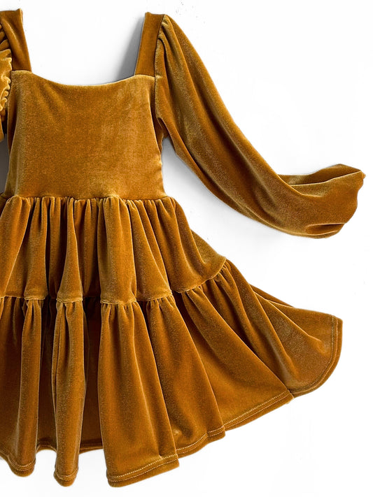 Velvet Gold Flutter and Bloom Dress with Balloon Sleeves