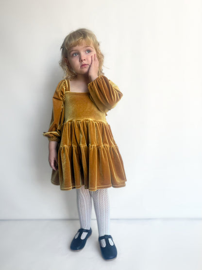 Velvet Gold Flutter and Bloom Dress with Balloon Sleeves