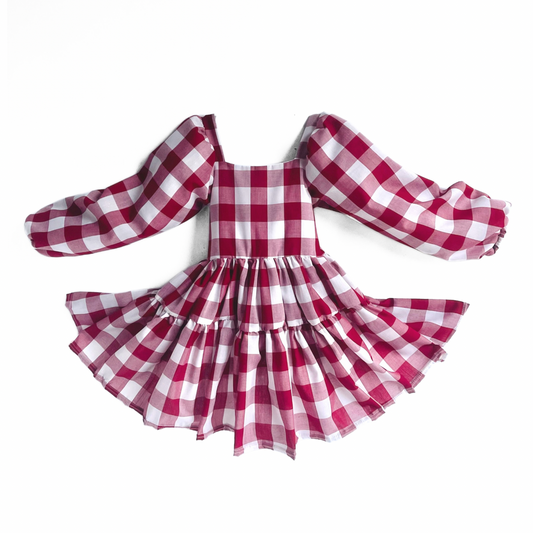Berry Gingham Flutter and Bloom Dress with Balloon Sleeves