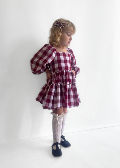 Berry Gingham Flutter and Bloom Dress with Balloon Sleeves