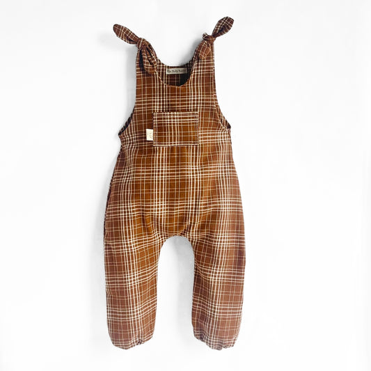 Brown Plaid Shoulder Tie Jumpsuit