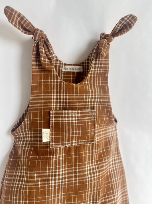 Brown Plaid Shoulder Tie Jumpsuit