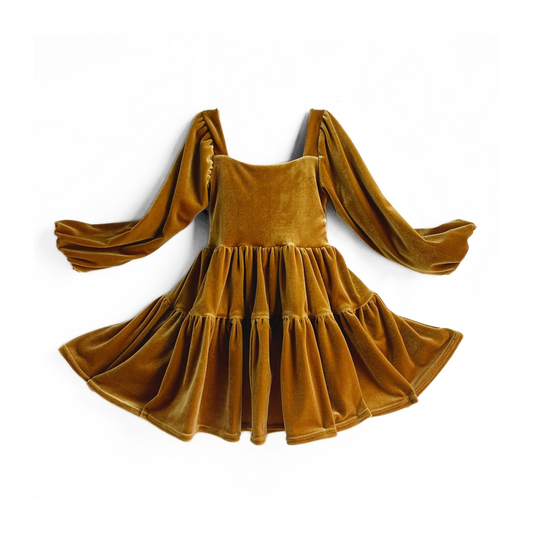 Velvet Gold Flutter and Bloom Dress with Balloon Sleeves