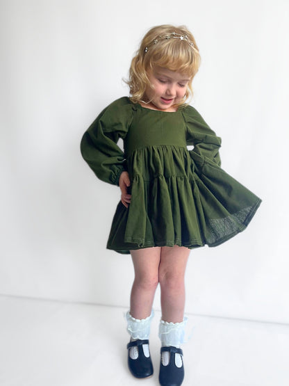 Olive Flutter and Bloom Dress with Balloon Sleeves