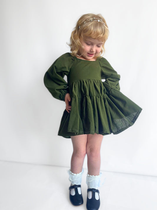 Olive Flutter and Bloom Dress with Balloon Sleeves