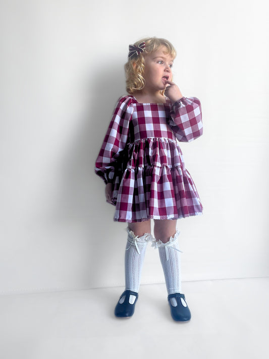 Berry Gingham Flutter and Bloom Dress with Balloon Sleeves