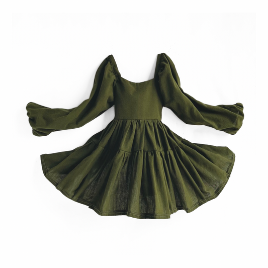 Olive Flutter and Bloom Dress with Balloon Sleeves