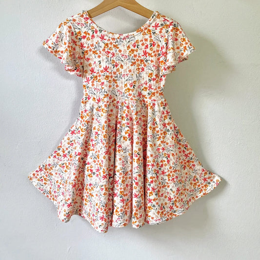 Watercolor Floral Rib Knit Twirly Dress with Flutter Sleeves